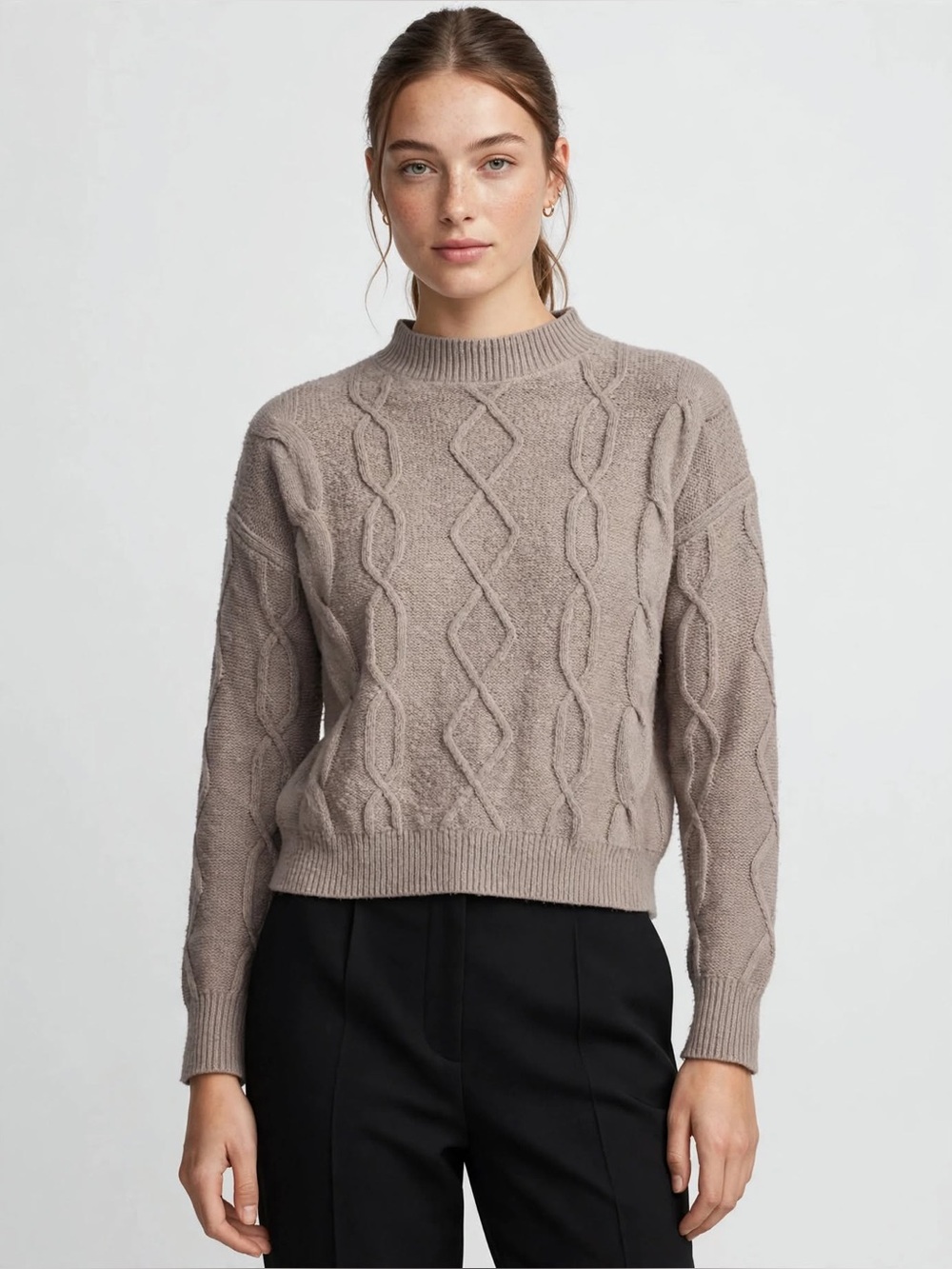 VIGOSS Taupe Cropped Mock Neck Cable Knit Sweater M Chunky Fall Cozy